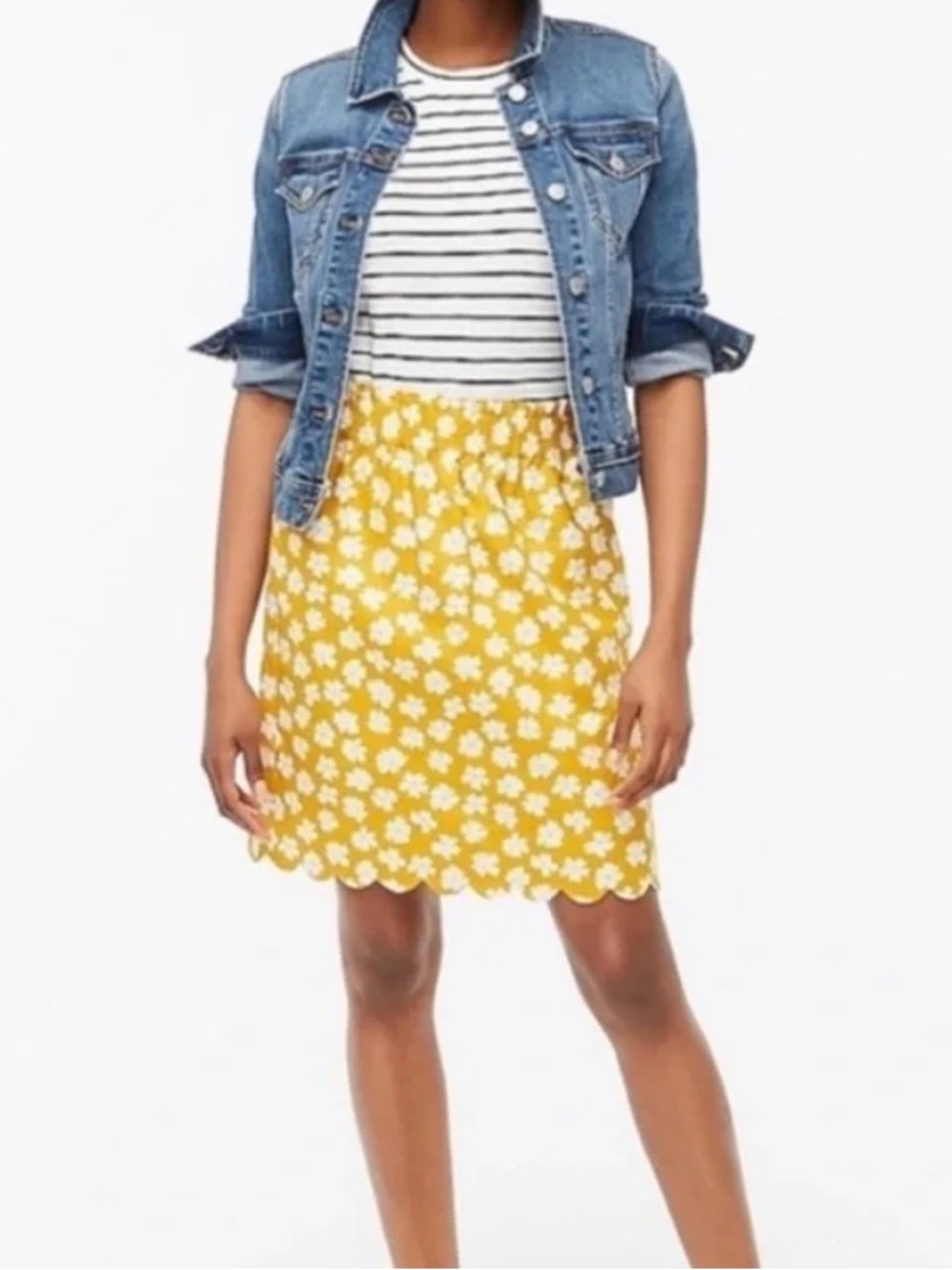 J. Crew Factory Mustard Yellow Floral Linen Blend Scalloped Hem A-Line Skirt
